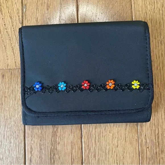 Vintage Bags Vintage Y2k Black Beaded Flower Tri Fold Wallet